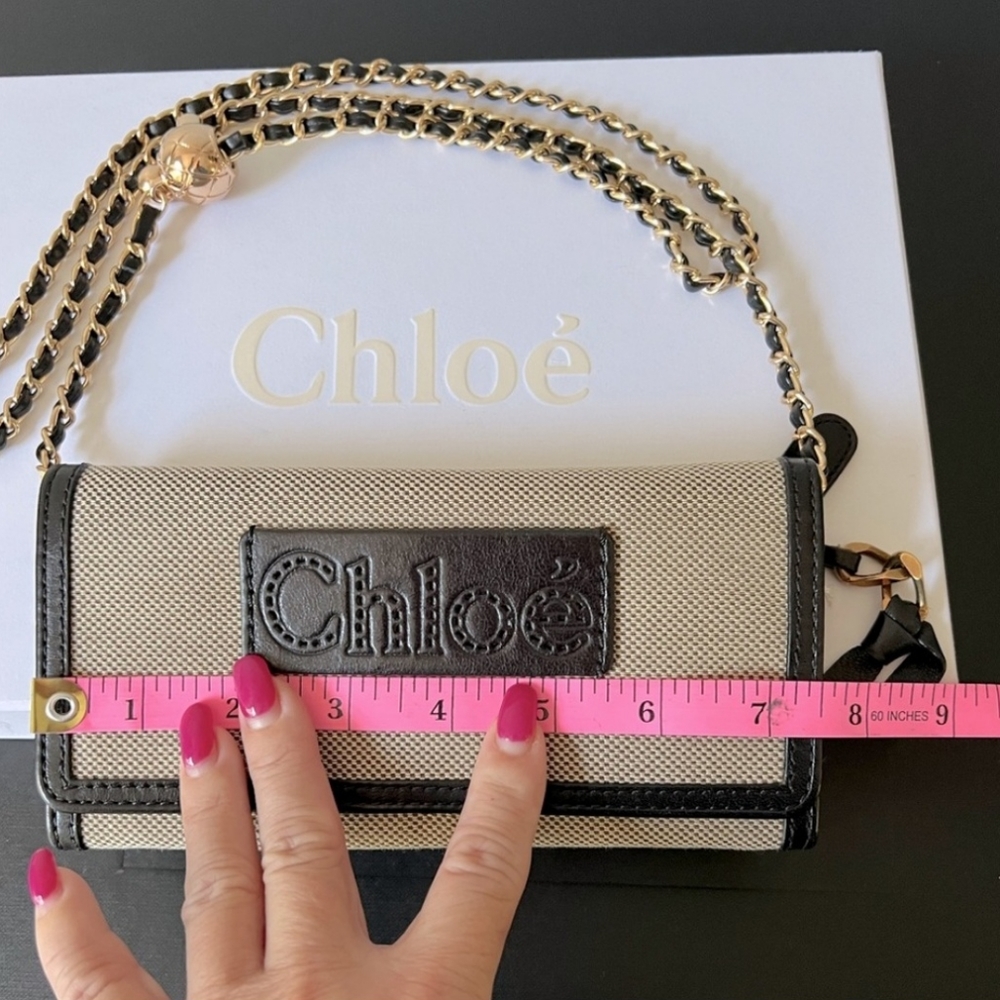 Chloé: Canvas & Black Leather Flap Biege with Gold & Leather Chain - Picture 13 of 14